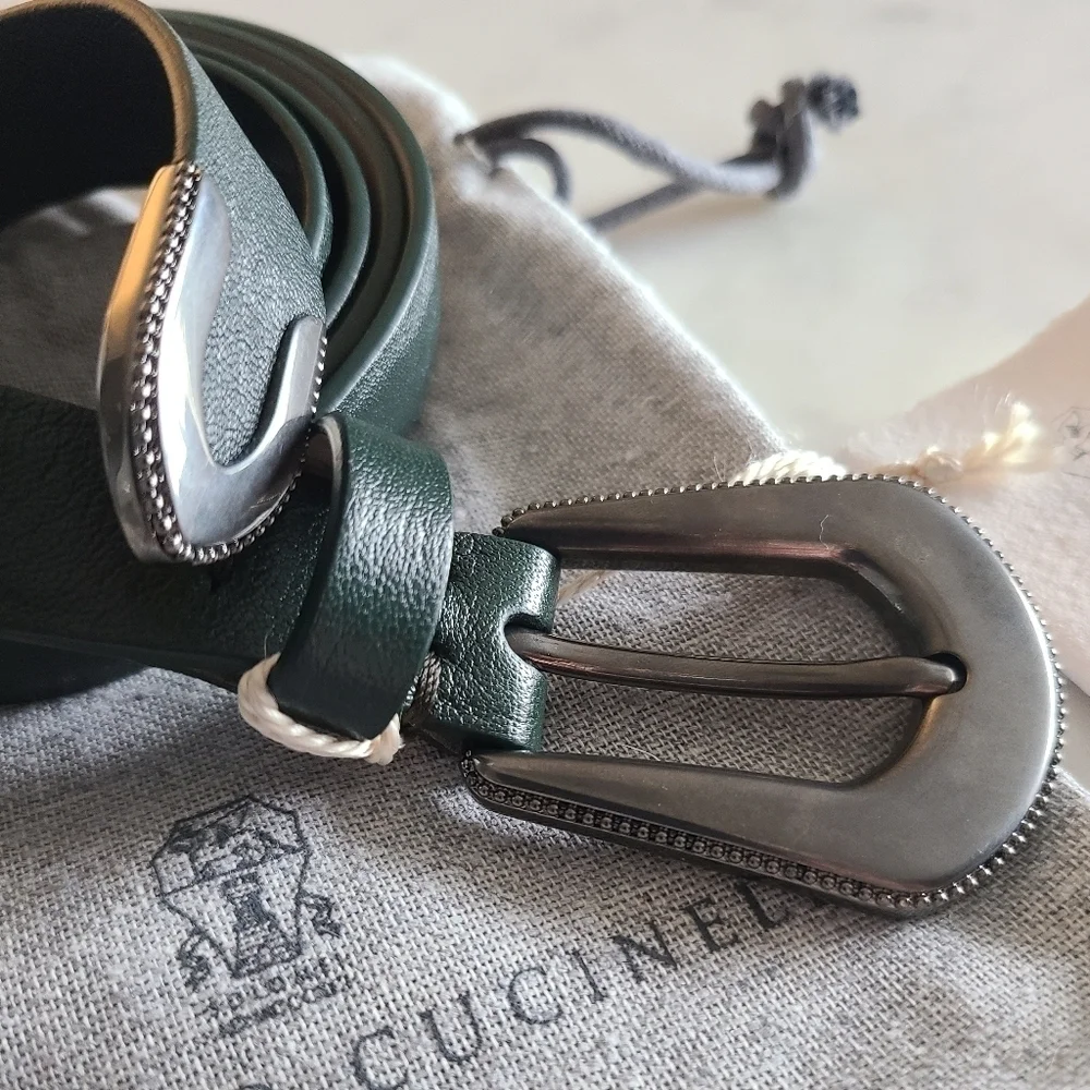 Brunello Cucinelli Leather Belt, Size Medium, Green, NWT